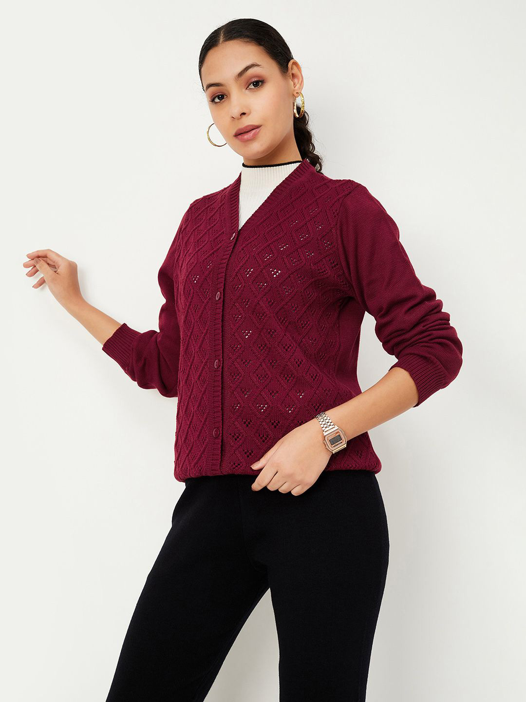 

max Women Self Design Cardigan Sweaters, Maroon