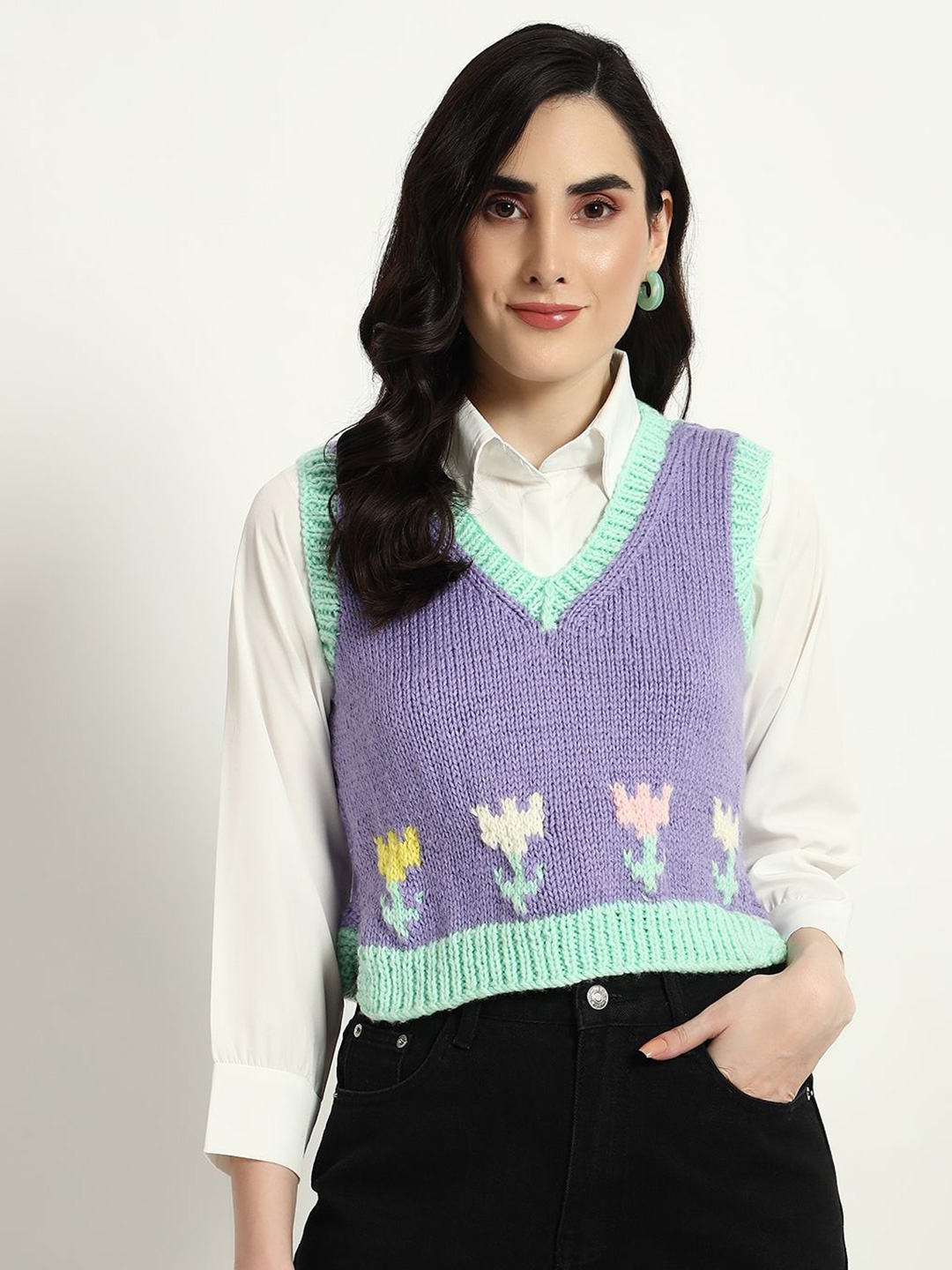 

Sugercandy Women Embroidered Woollen Pullover Sweaters, Purple