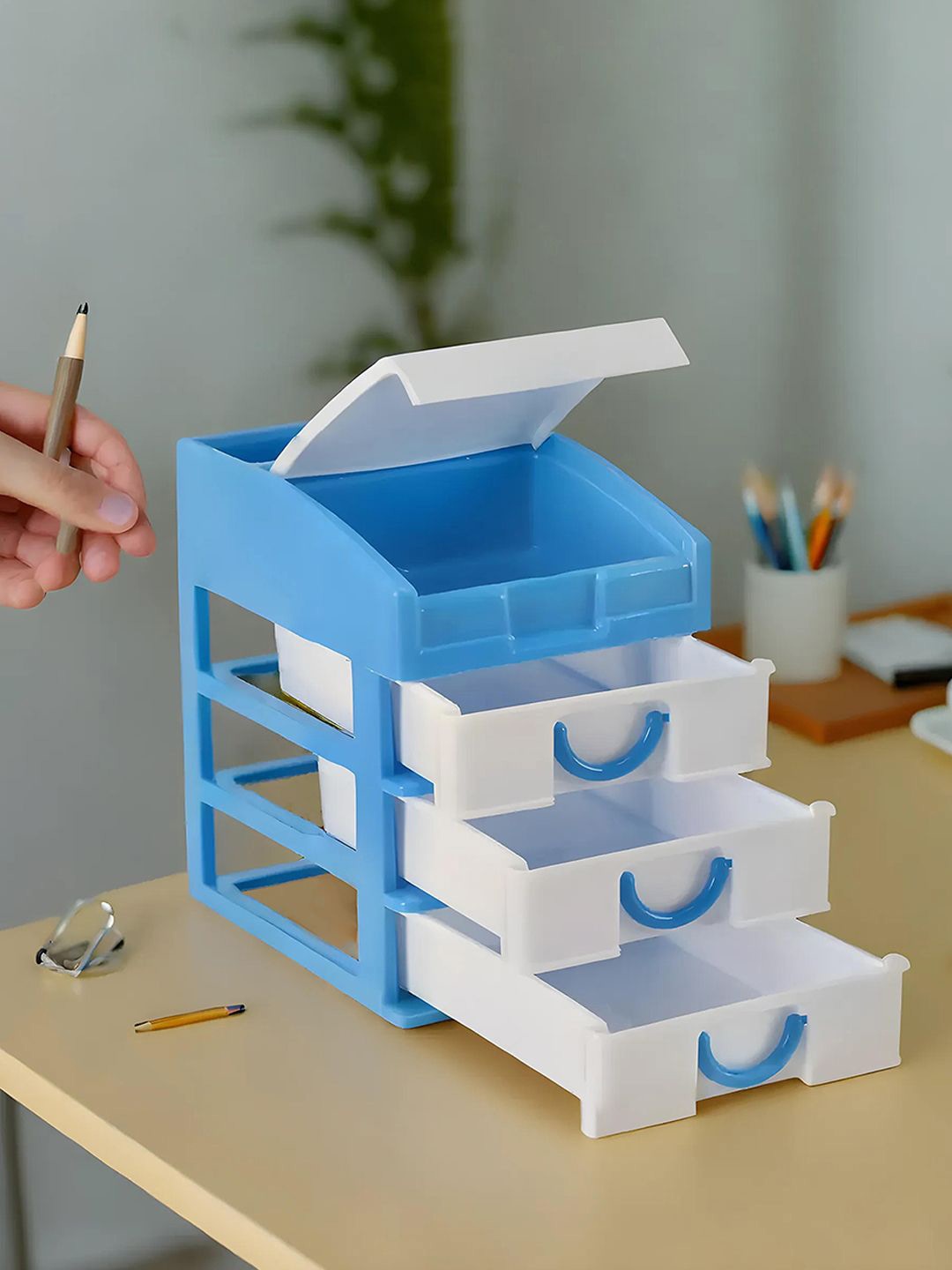 

Kuber Industries Blue & White 2 Peices Reusable Desk Organisers