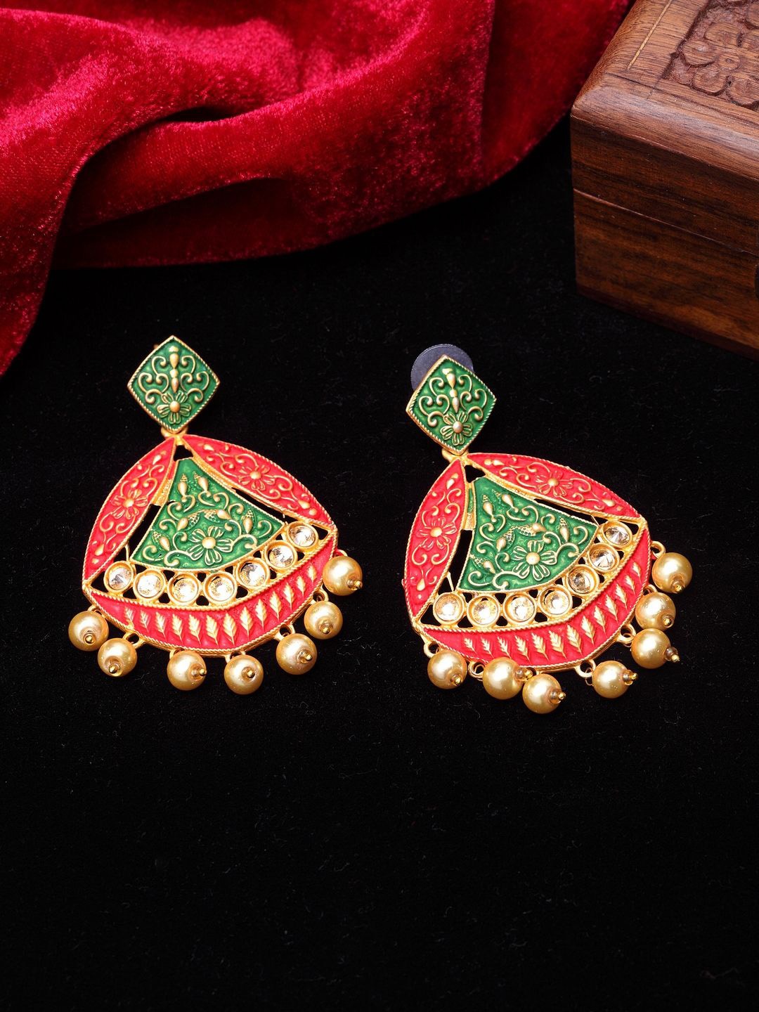 

Anouk Red & Green Gold-Plated Stone-Studded & Beaded Contemporary Drop Earrings