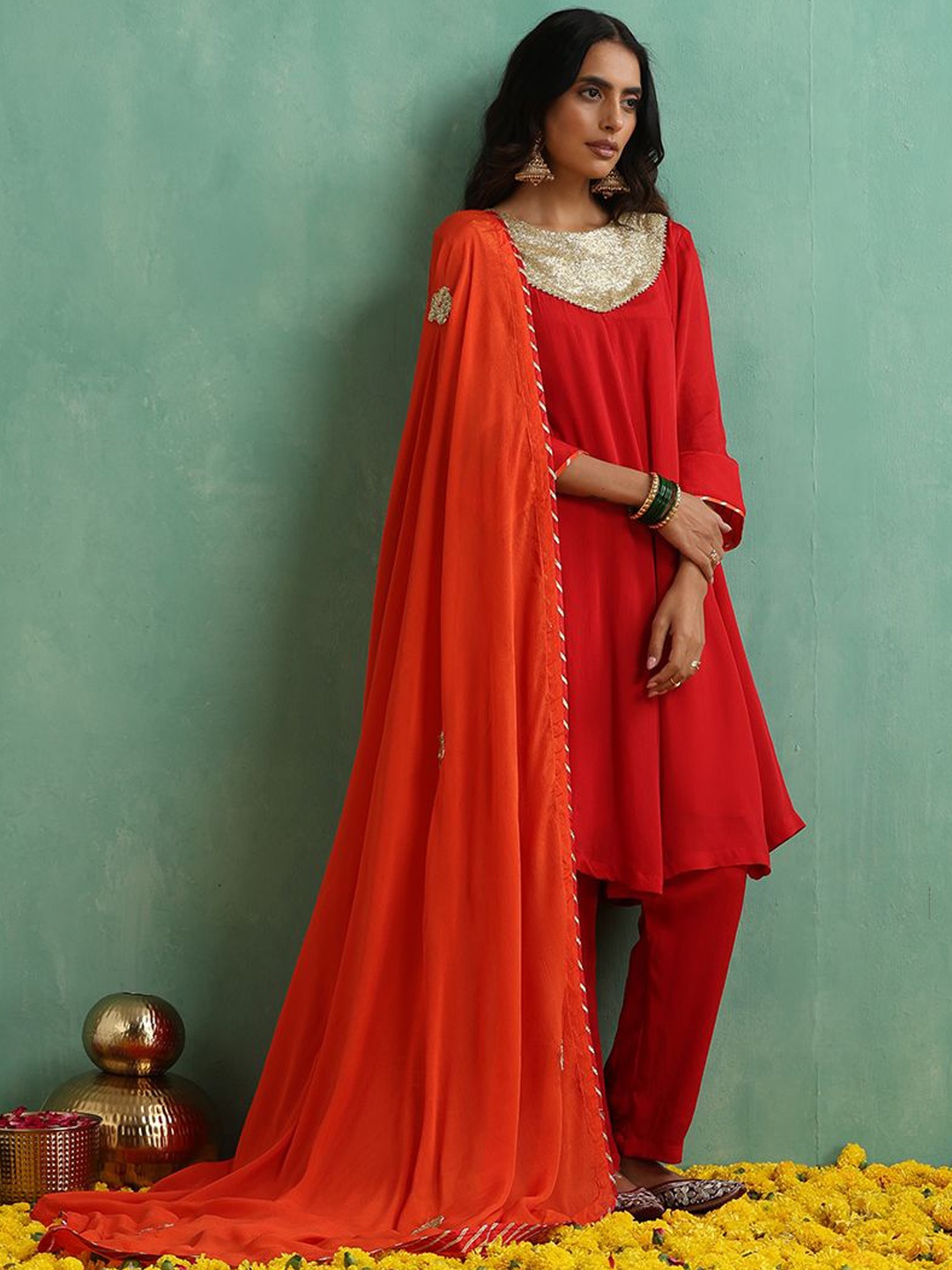 

indy Raaga Yoke Design Kurta With Trousers & Dupatta, Red