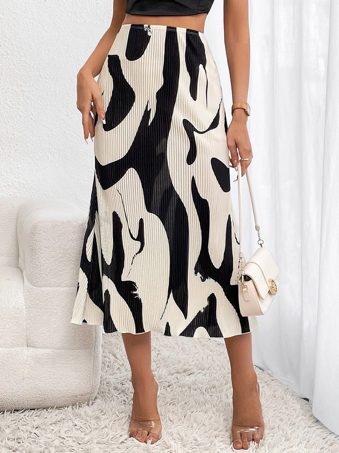 

Stylecast X Slyck Abstract Printed A-Line Midi Skirt, Cream