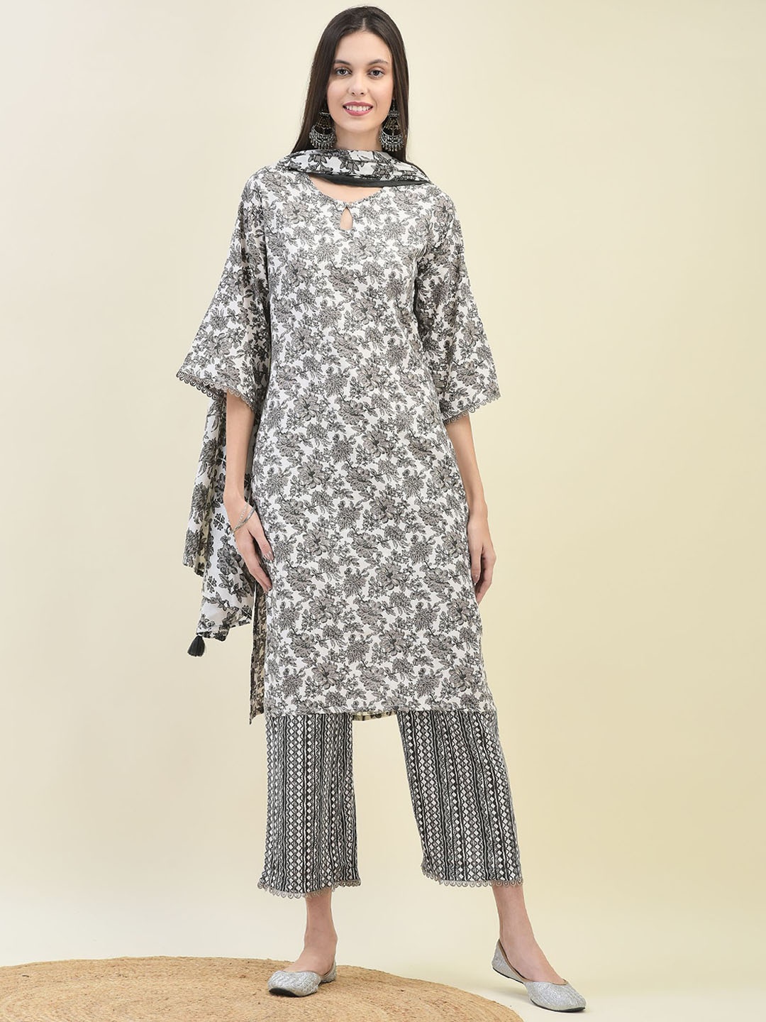 

Shree Floral Printed Liva Straight Kurta with Trousers & Dupatta, Black