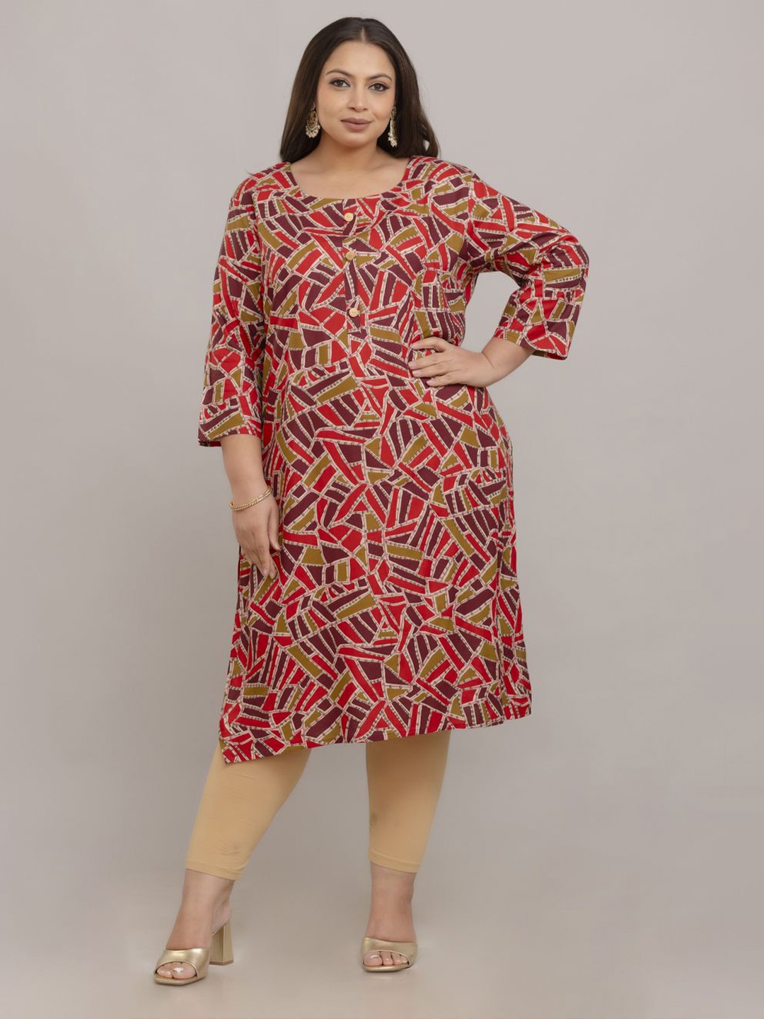 

Fashion Zest Plus Size Printed Round Neck Straight Kurta, Red