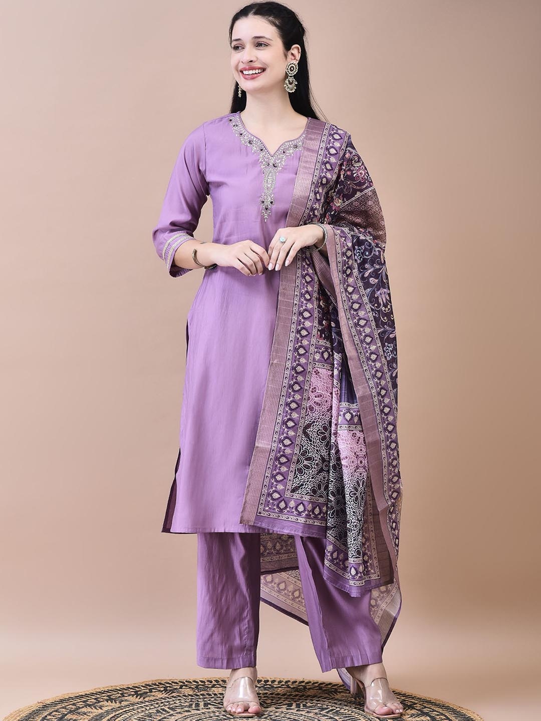 

Shree Floral Embroidered Straight Kurta with Trousers & Dupatta, Purple