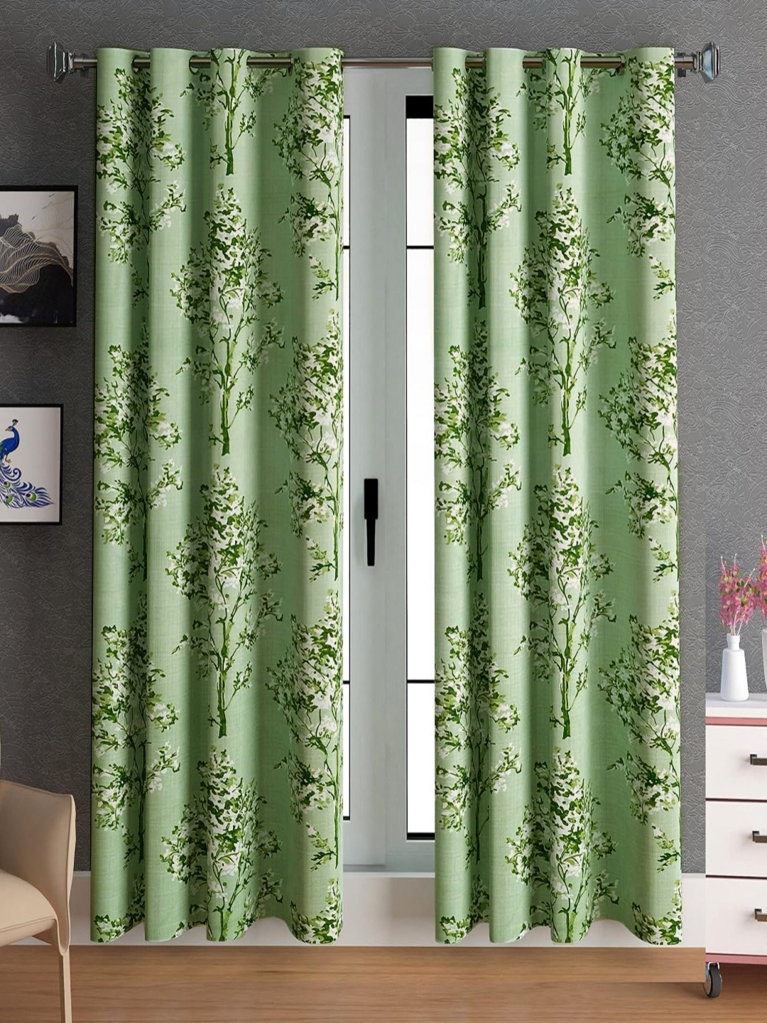 

Lunar Days Green & White 2 Pieces Floral Room Darkening Long Door Curtains