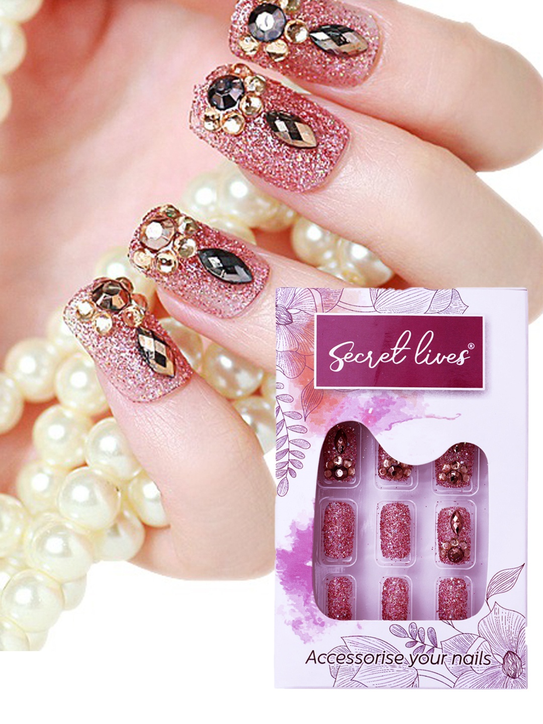 

Secret Lives 24 Pieces Powder Glitter with 3D Stones Fake Nail Extensions, Pink