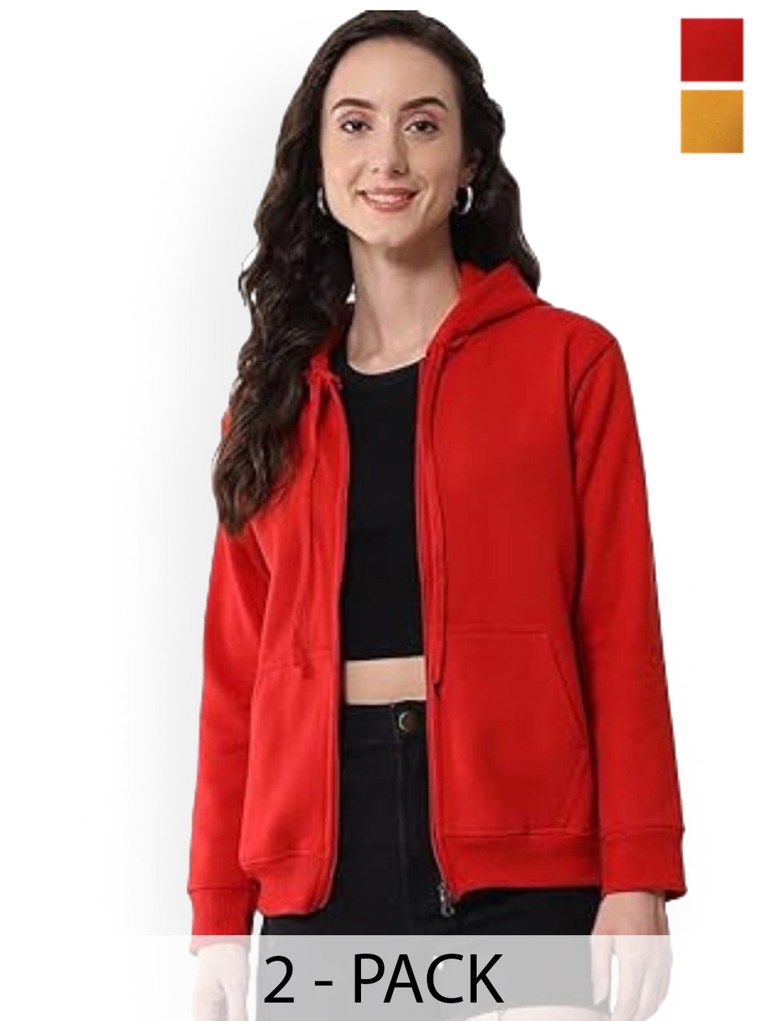 

Funday Fashion Women Pack Of 2 Hooded Solid Fleece Casual Open Front Jackets, Red