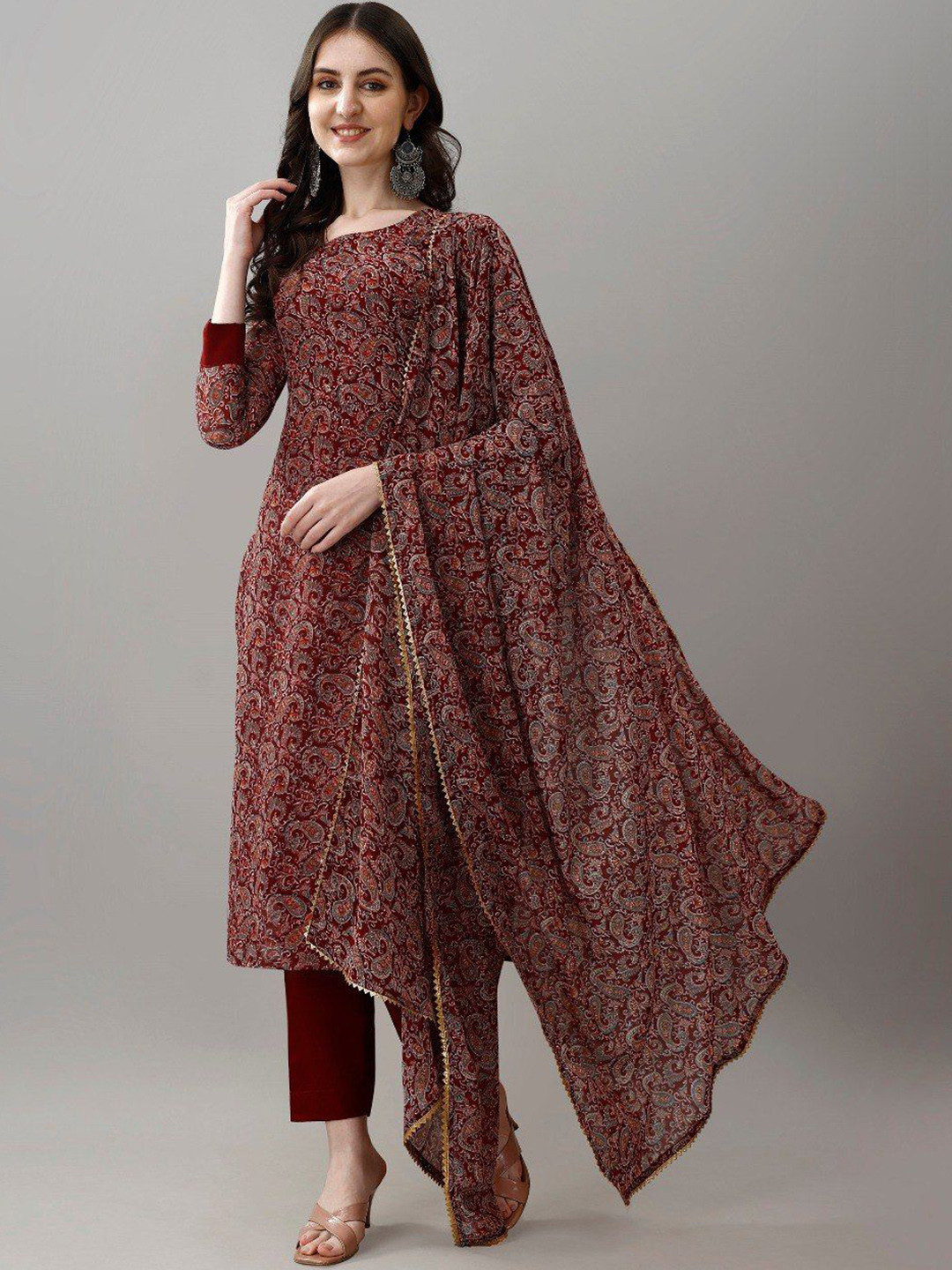 

Anouk Maroon Paisley Printed Round Neck Georgette Straight Kurta With Trousers & Dupatta