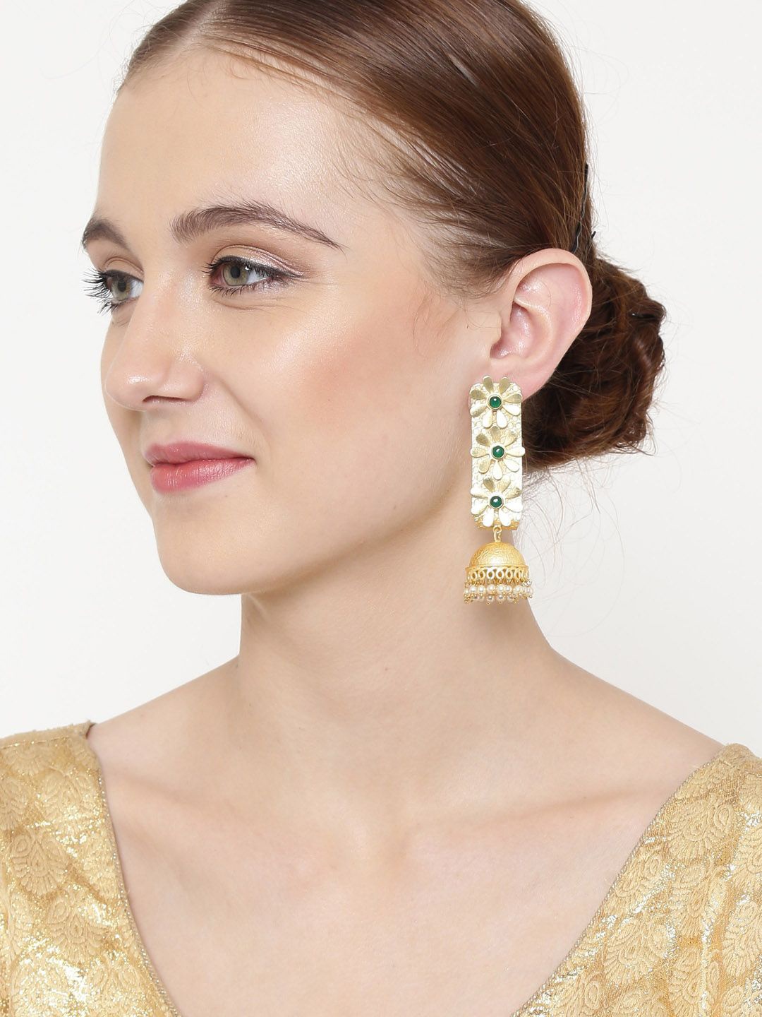 

Anouk Green Gold-Plated Stone Studded & Beaded Dome Shaped Jhumkas