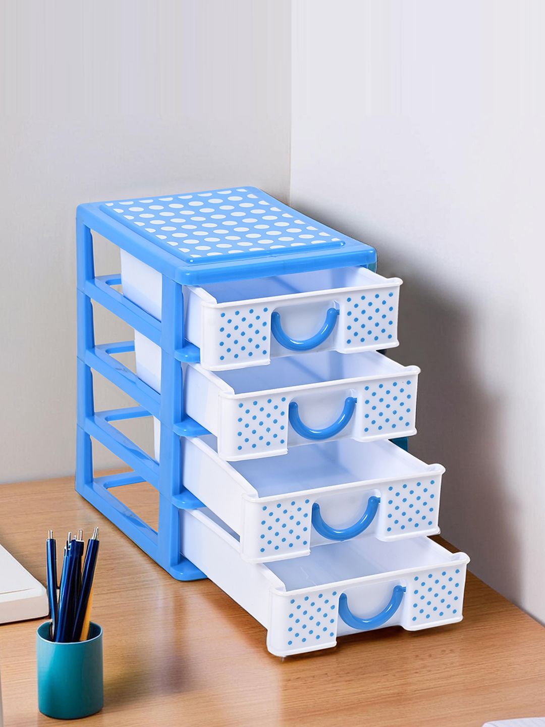 

Kuber Industries White & Blue Reusable 4-Tier Drawer Stationary Organiser