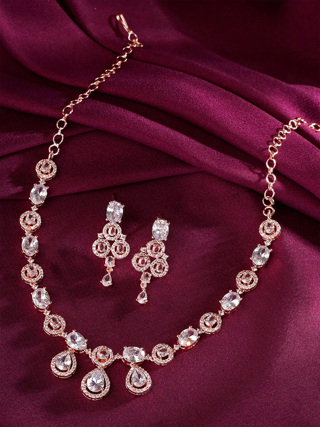 

Yellow Chimes Rose Gold-Plated American Diamond-Studded Jewellery Set