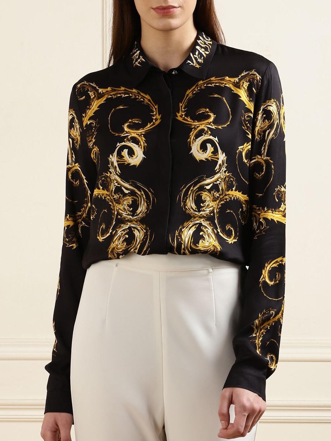 

Versace Jeans Couture Women Spread Collar Abstract Printed Slim Fit Casual Shirt, Black