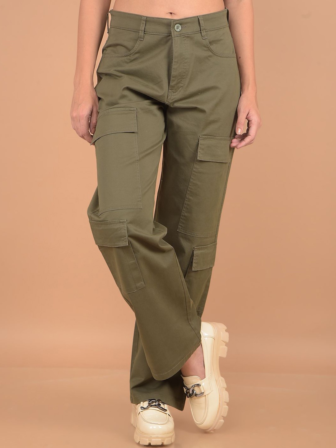 

Crimsoune Club Women Cotton Mid-Rise Original Loose Fit Cargos Trousers, Olive