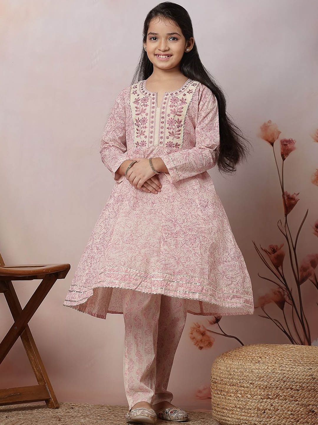 

KYDZI Girls Floral Embroidered Zari Work Pure Cotton A-Line Kurta With Trouser, Peach