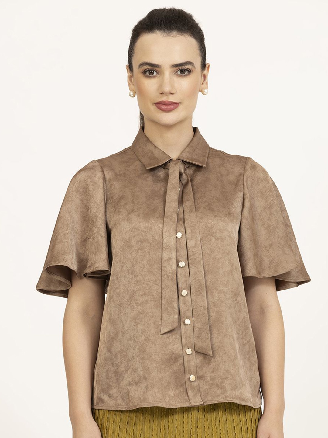 

OFFICE & YOU Satin Shirt Style Top, Brown