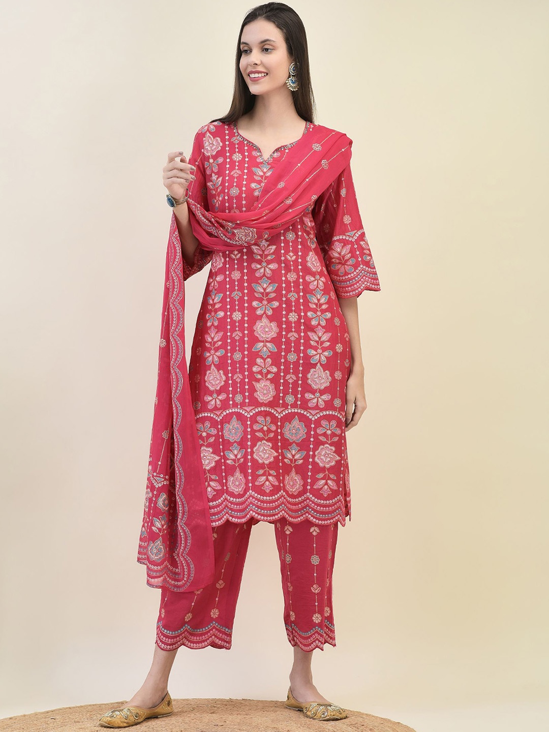 

Shree Floral Embroidered Beads and Stones Straight Kurta with Trousers & Dupatta, Fuchsia