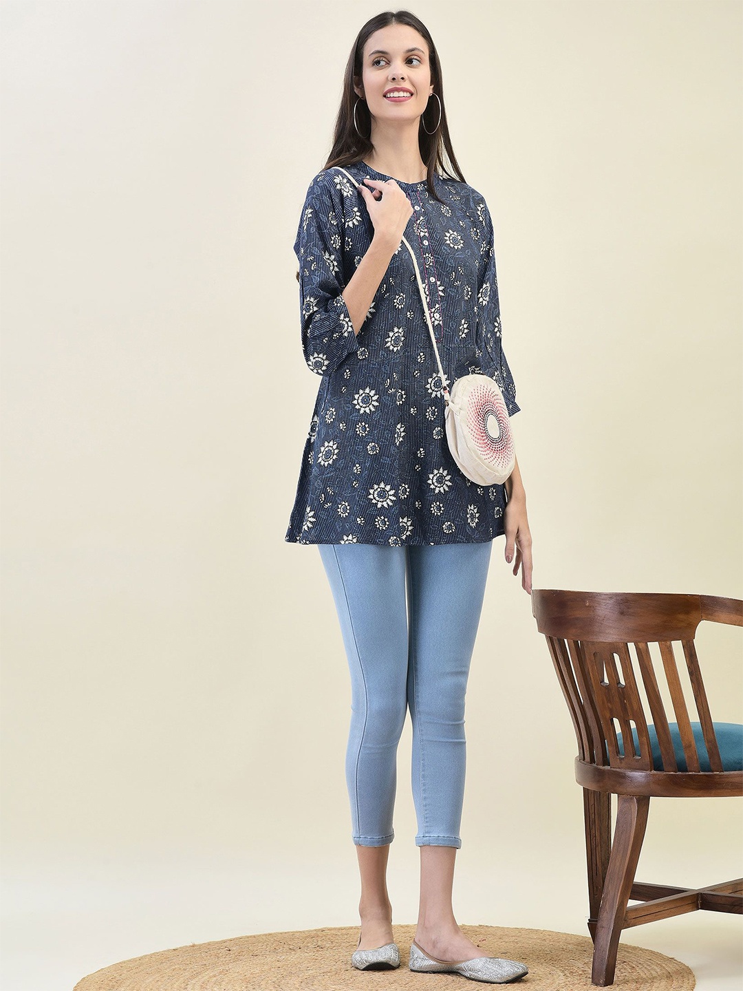 

Shree Liva Floral Printed Mandarin Collar Tunic, Navy blue