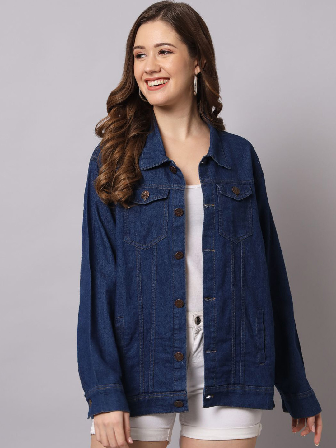 

Funday Fashion Women Spread Collar Solid Casual Denim Jacket, Navy blue