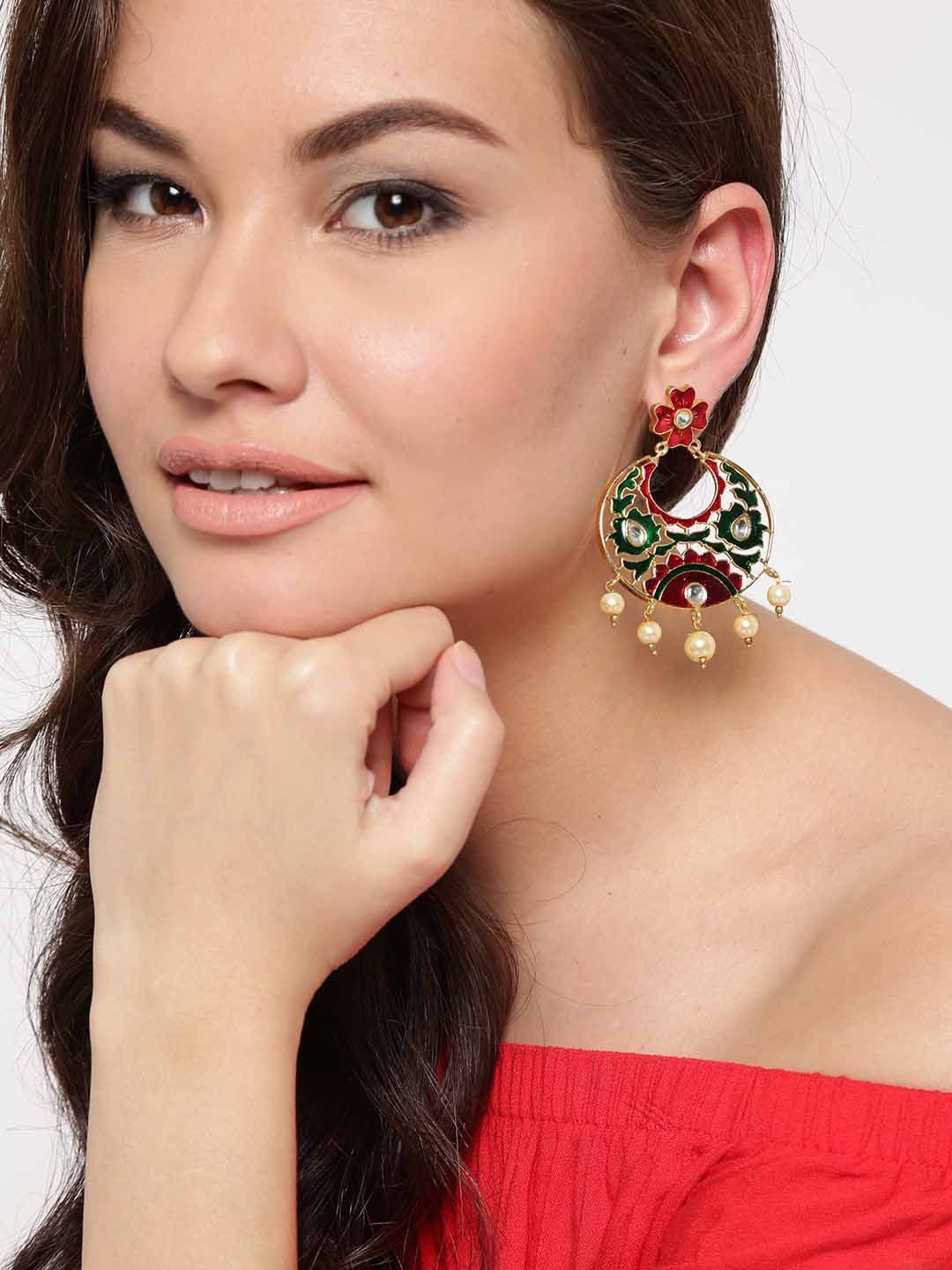 

Anouk Red & Green Gold-Plated Stone-Studded & Beaded Circular Drop Earrings