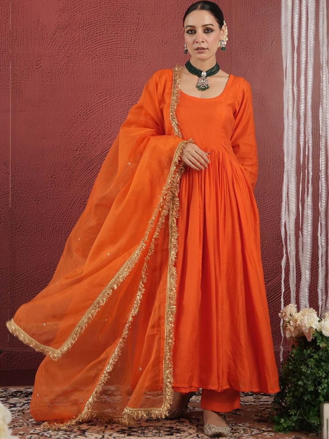 

OneWe Anarkali Chanderi Silk Zari Kurta with Trousers & Dupatta, Orange