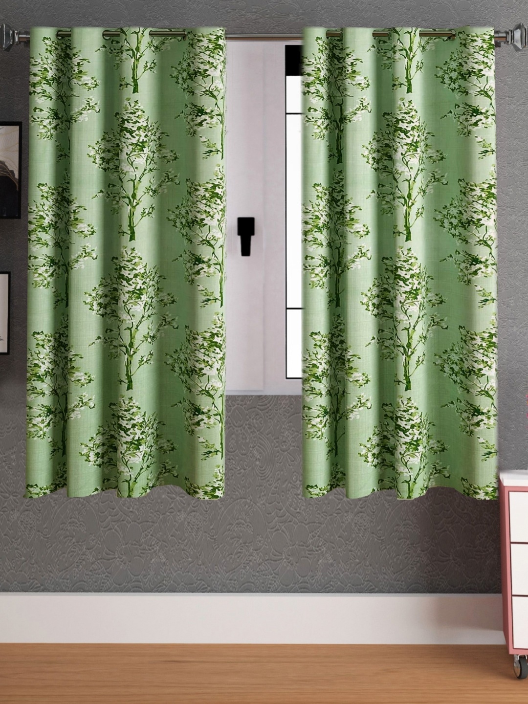 

Lunar Days Green & White 2 Pieces Floral Room Darkening Window Curtains