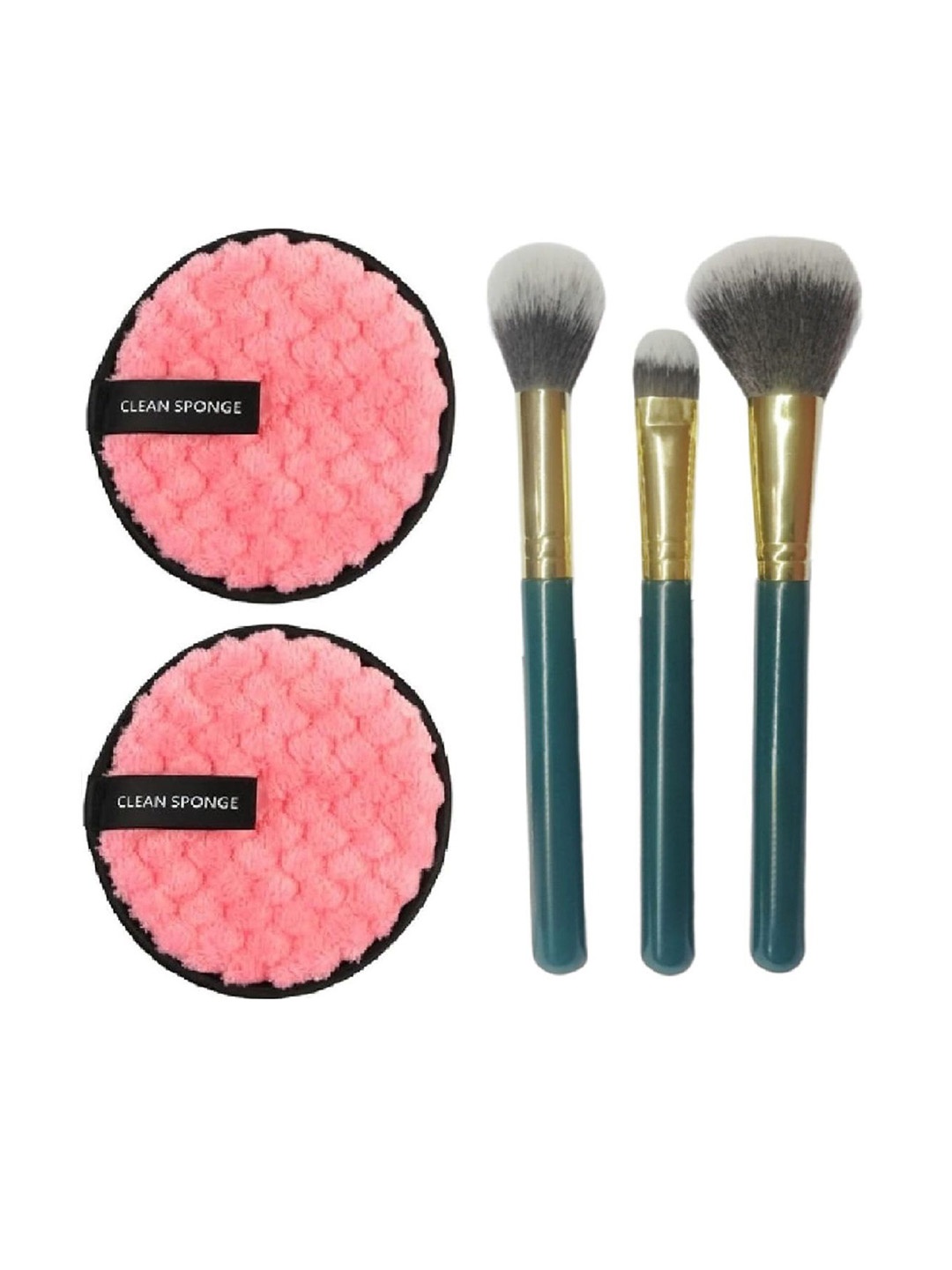 

Facejewel Set Of 3 Makeup Brush With 2 Makeup Remover Puffs, Teal