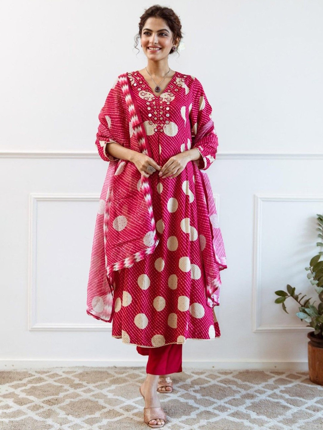 

AUTUMN LANE Geometric Printed Mirror Work Pure Cotton A-Line Kurta With Trouser & Dupatta, Pink