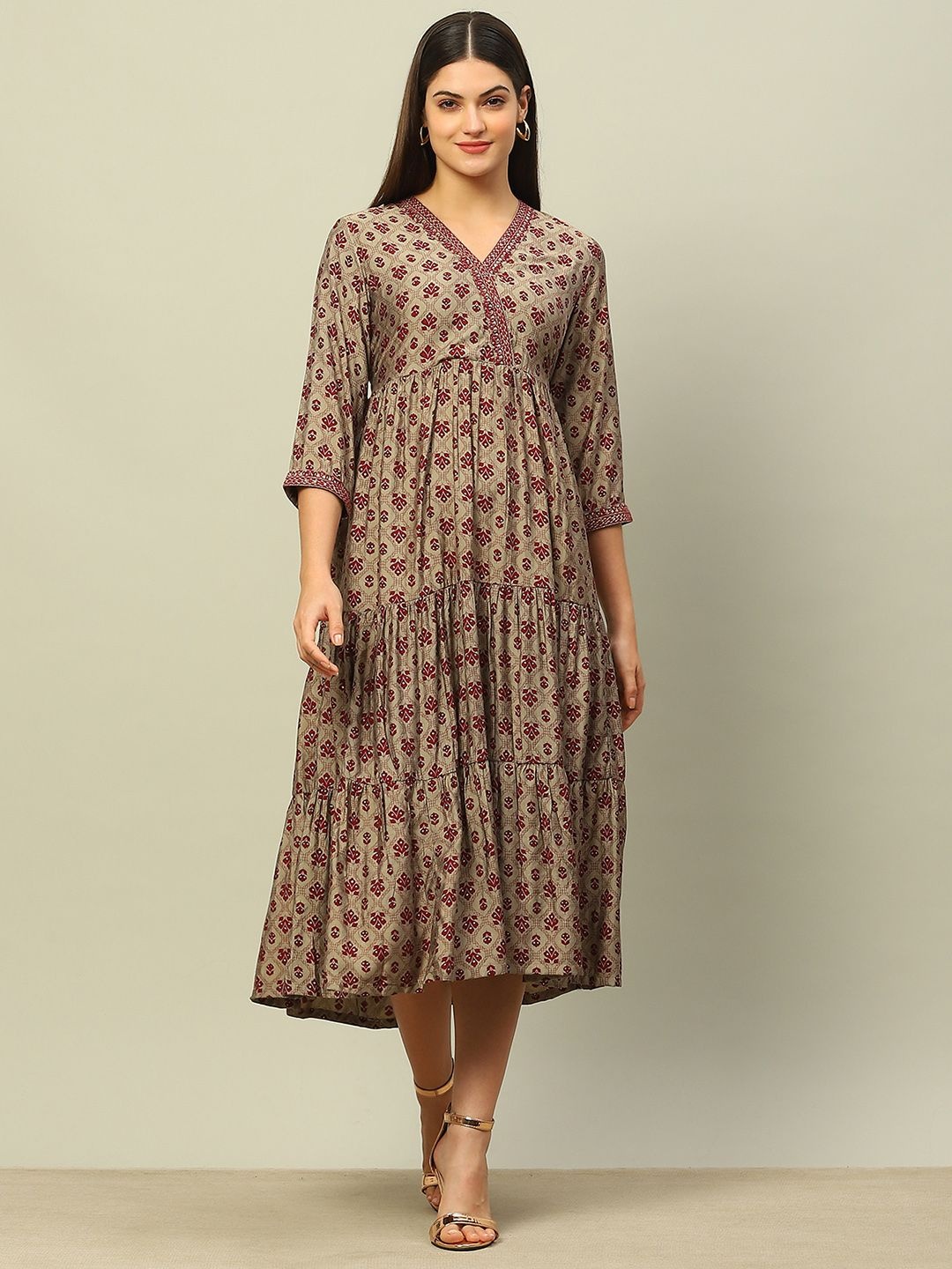 

Rangriti Ethnic Motifs Printed Empire Midi Dress, Beige