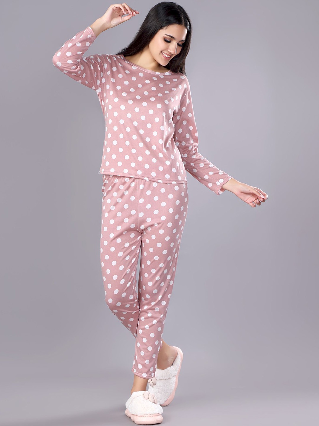 

ANSEE by Addery Women Polka Dots Printed Night suit, Pink