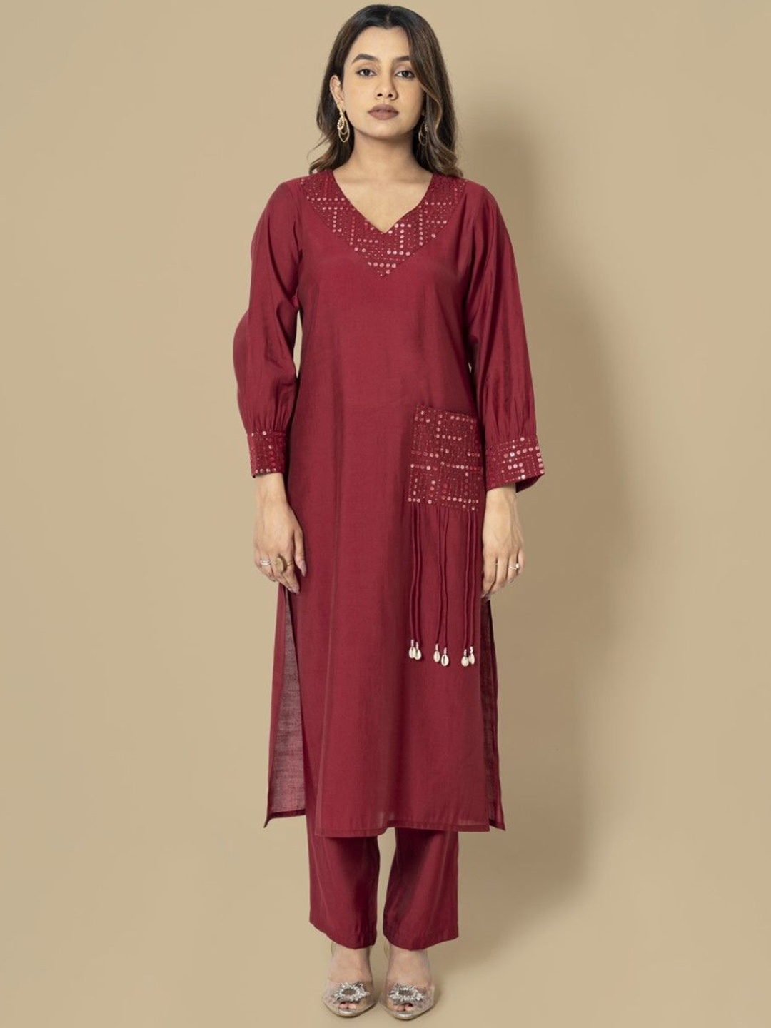 

AUTUMN LANE Geometric Embroidered Sequinned Cotton Silk A-Line Kurta With Trousers, Maroon