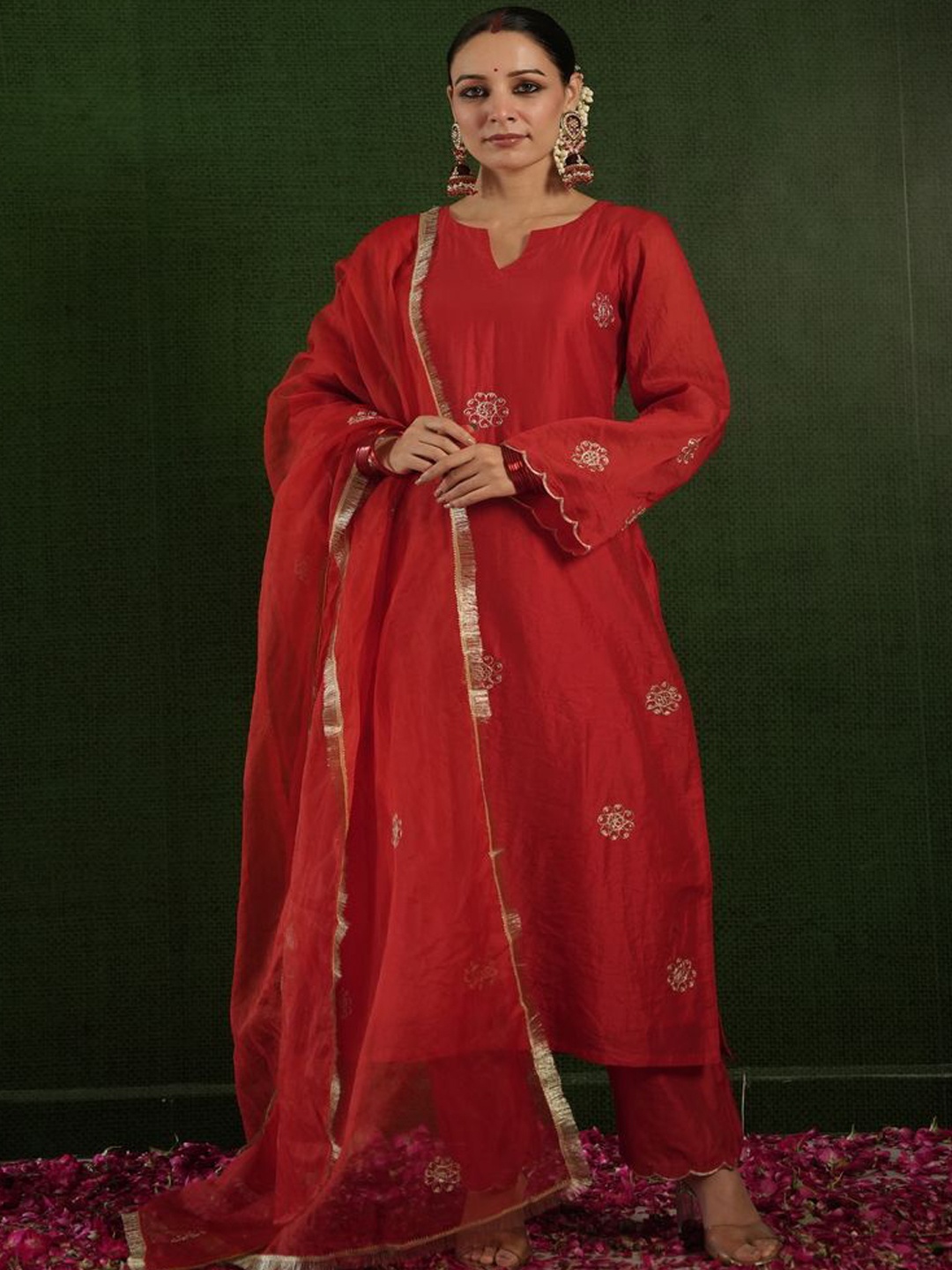 

OneWe Floral Embroidered Aari Work Chanderi Silk Anarkali Kurta with Trousers & Dupatta, Red