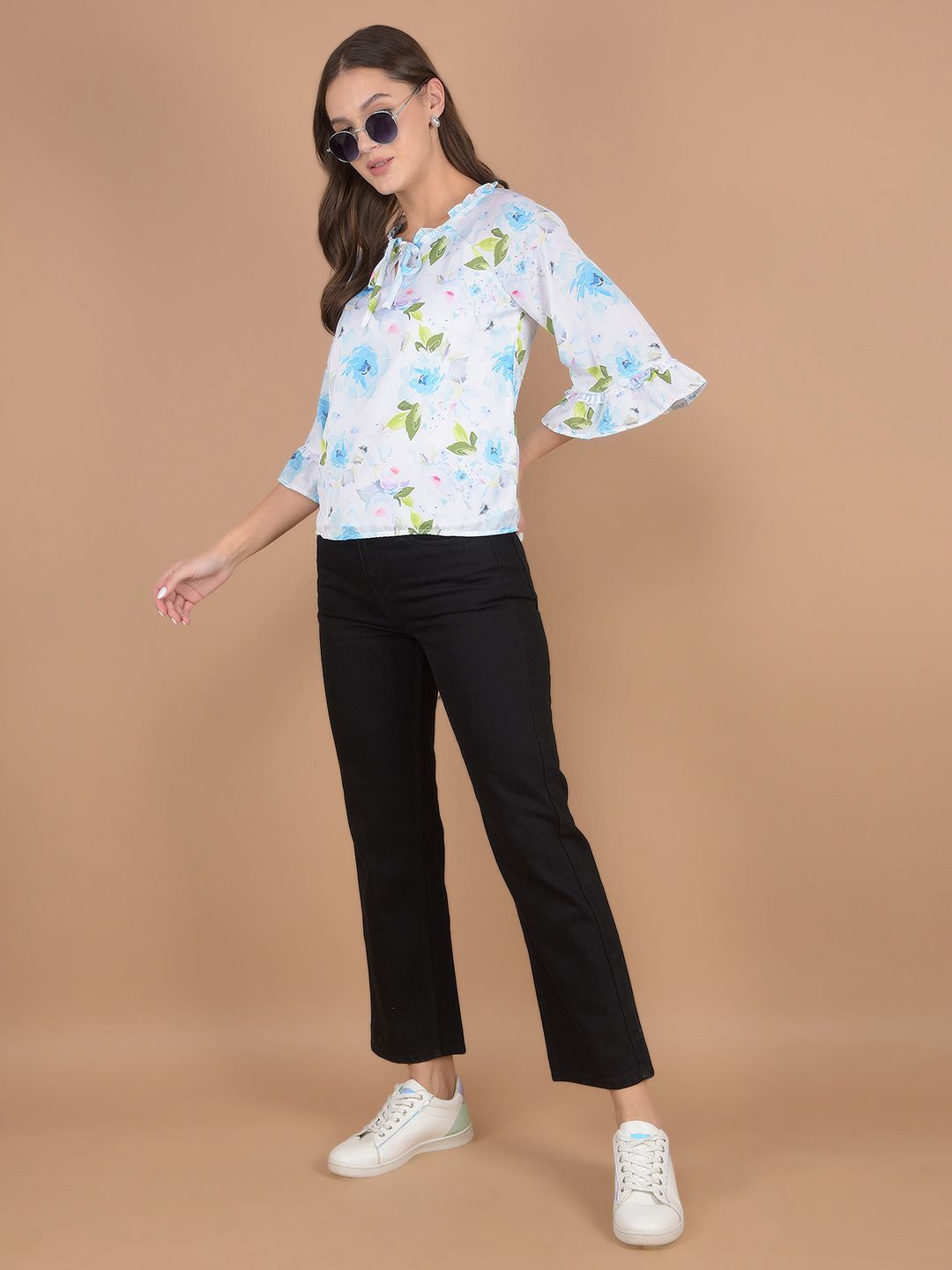 

Crimsoune Club Floral Print Tie-Up Neck Flared Sleeve Top, Blue