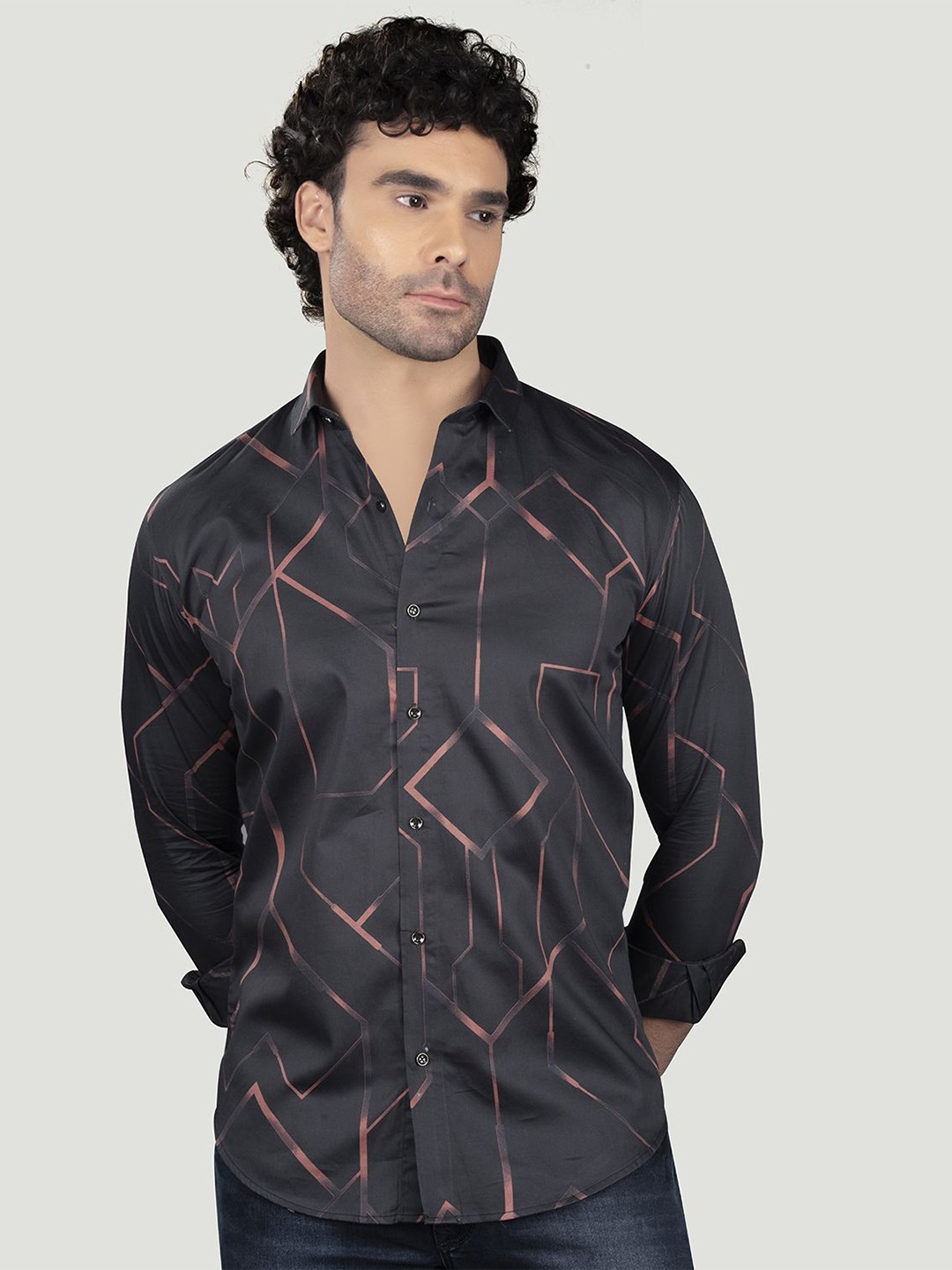 

ALMATY Men Comfort Spread Collar Abstract Printed Cotton Slim Fit Casual Shirt, Black