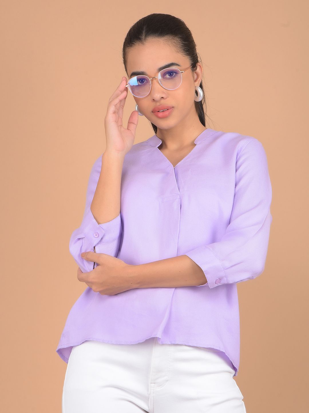 

Crimsoune Club Women V-Neck Cuffed Sleeves Top, Purple