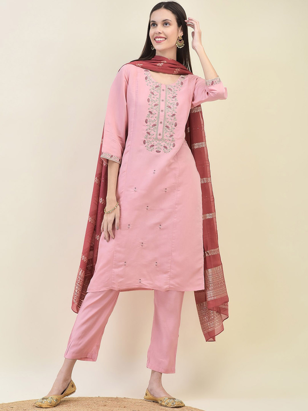 

Shree Women Embroidered Regular Thread Work Chanderi Silk Kurta with Trousers & With Dupatta, Pink