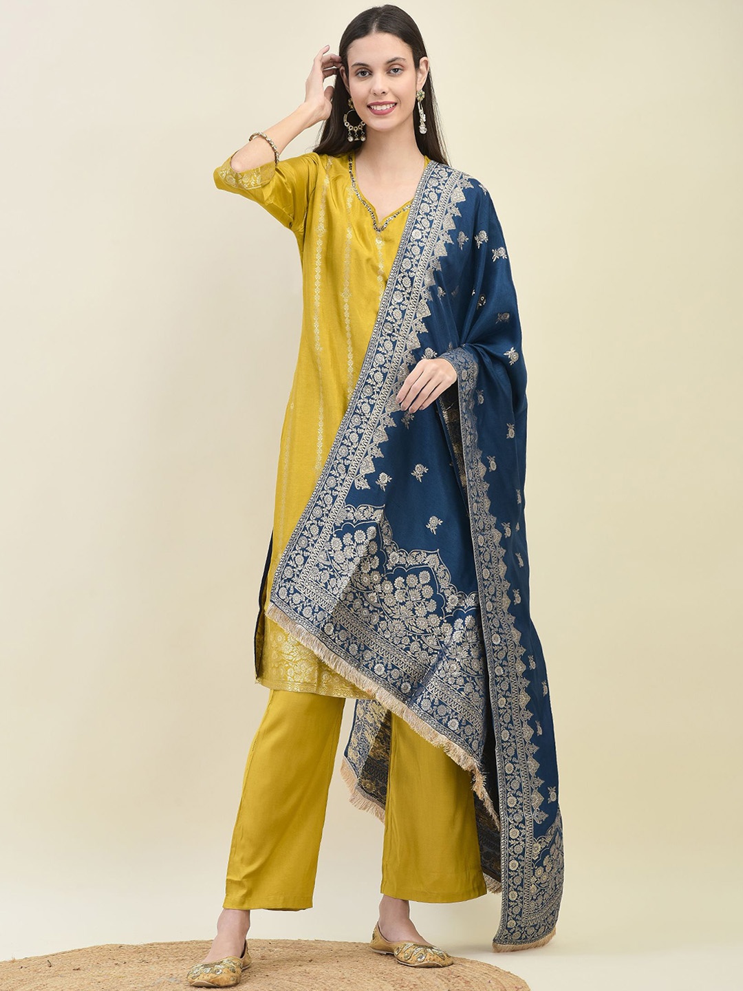 

Shree Ethnic Motifs Printed Straight Kurta with Trousers & Dupatta, Mustard