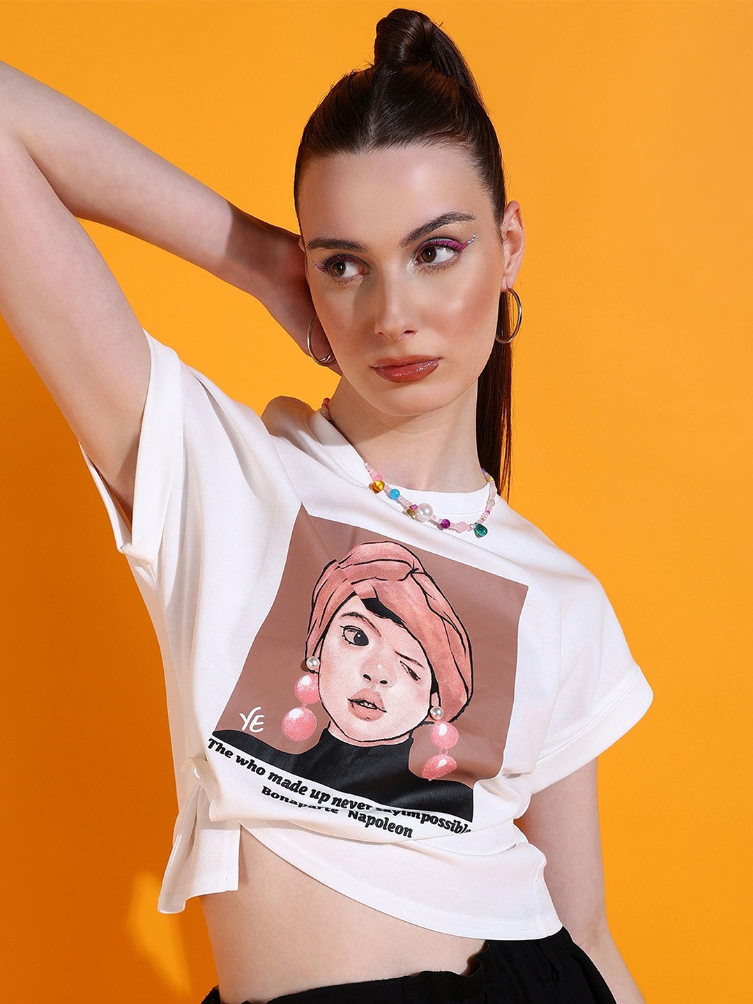 

SHECZZAR Printed Round Neck Cotton Crop Top, White