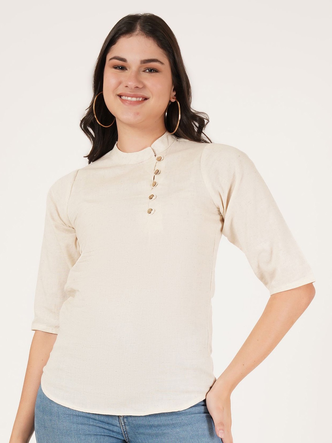 

Brownverse Women Mandarin Collar Cotton Top, Off white