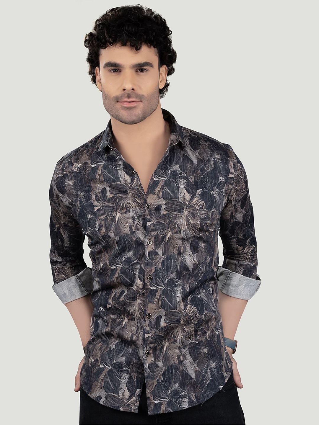 

ALMATY Men Comfort Spread Collar Floral Printed Cotton Slim Fit Casual Shirt, Black