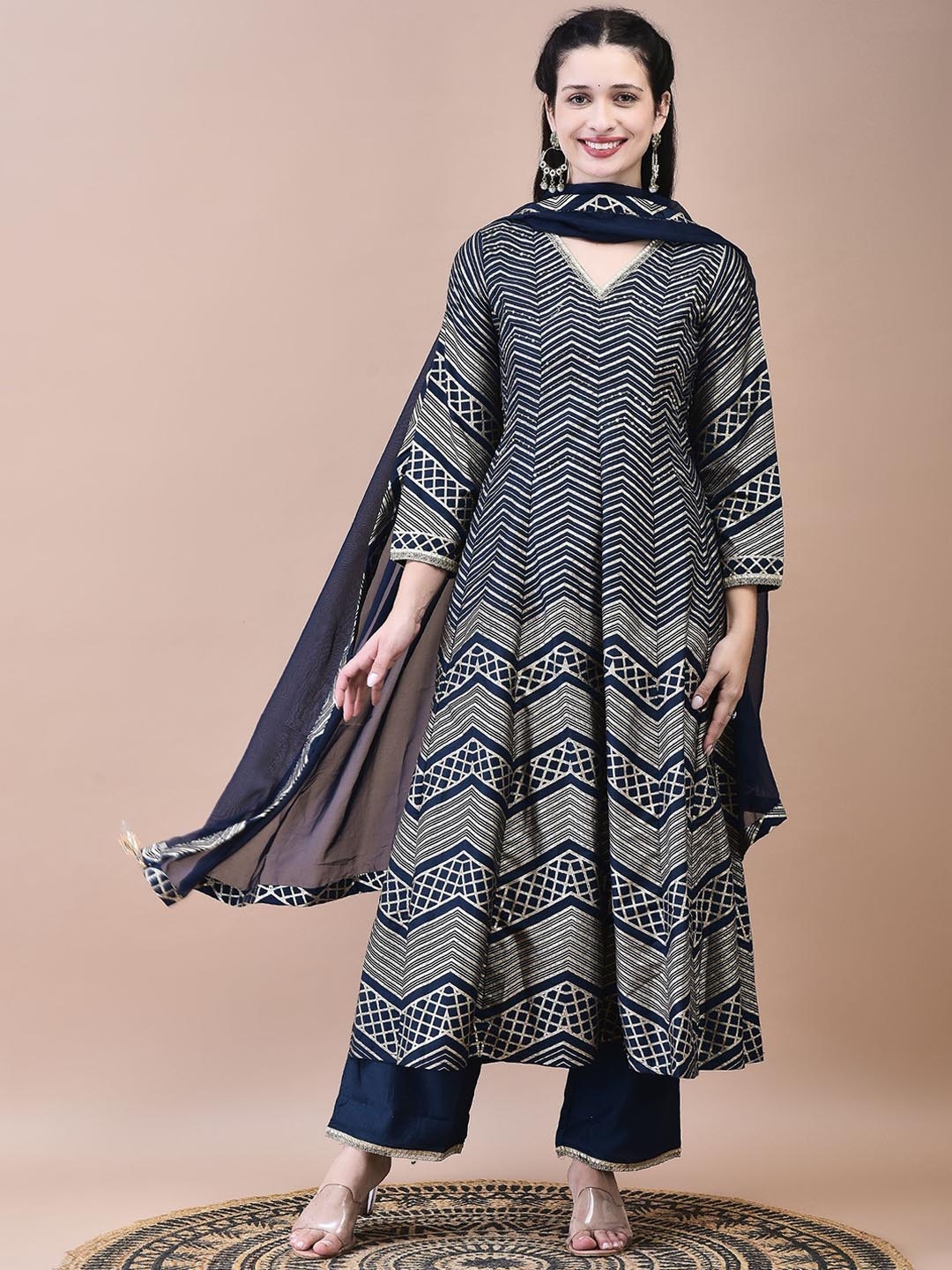 

Shree Geometric Printed A Line Kurta with Trousers & Dupatta, Navy blue