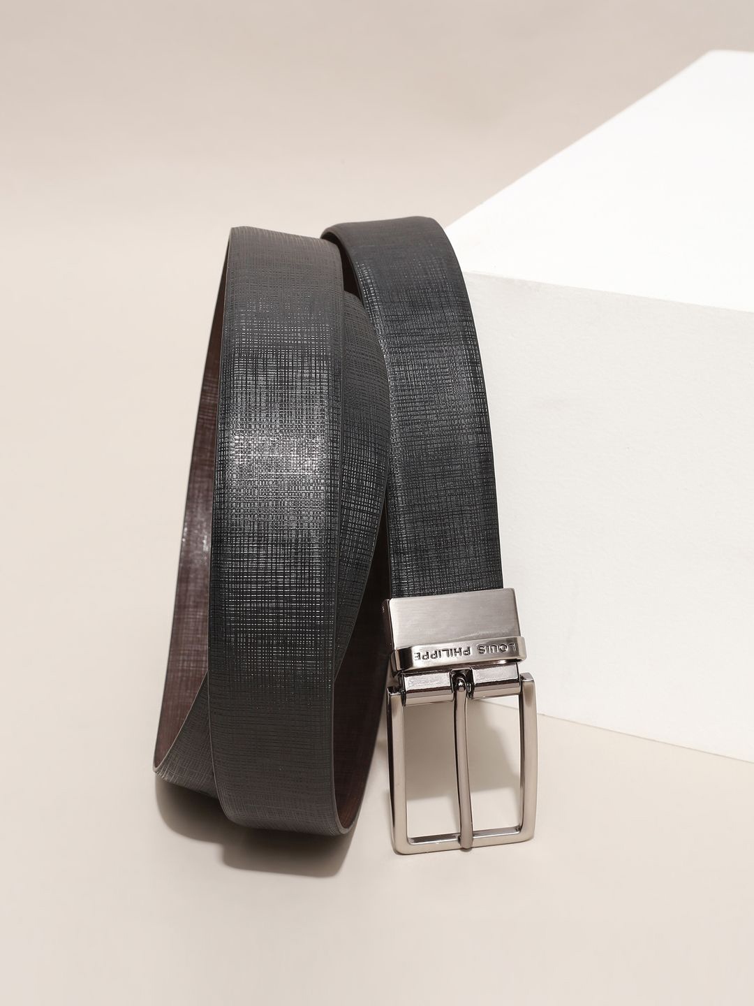 

Louis Philippe Men Textured Leather Reversible Belt, Black