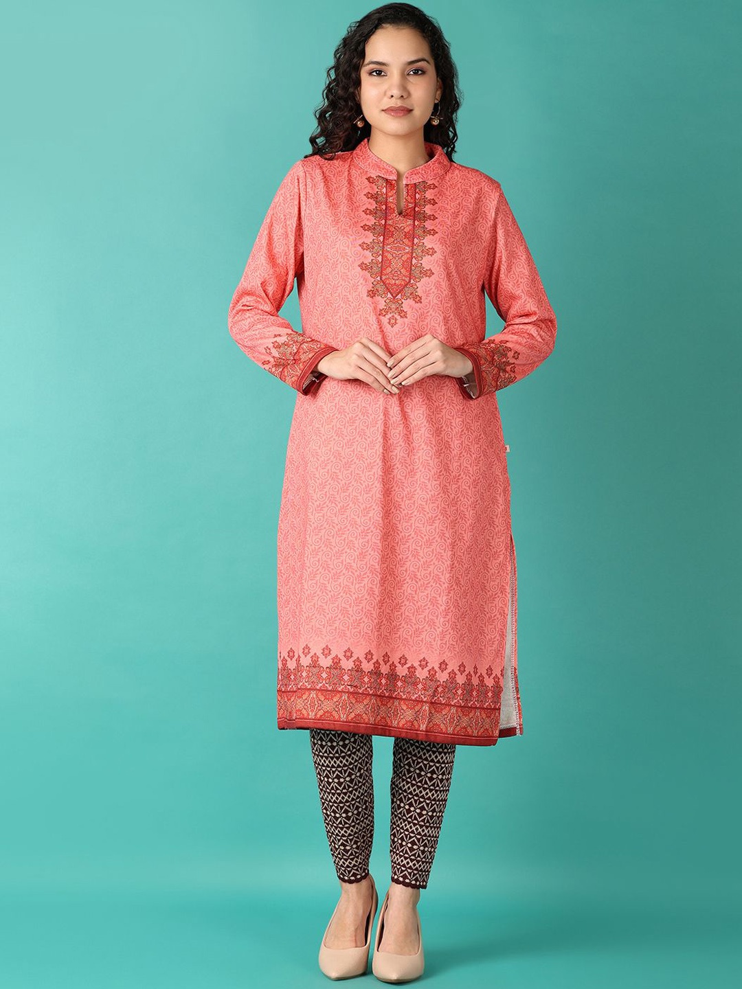 

V-Mart Ethnic Motifs Printed Mandarin Collar Long Sleeves Regular Straight Kurta, Peach