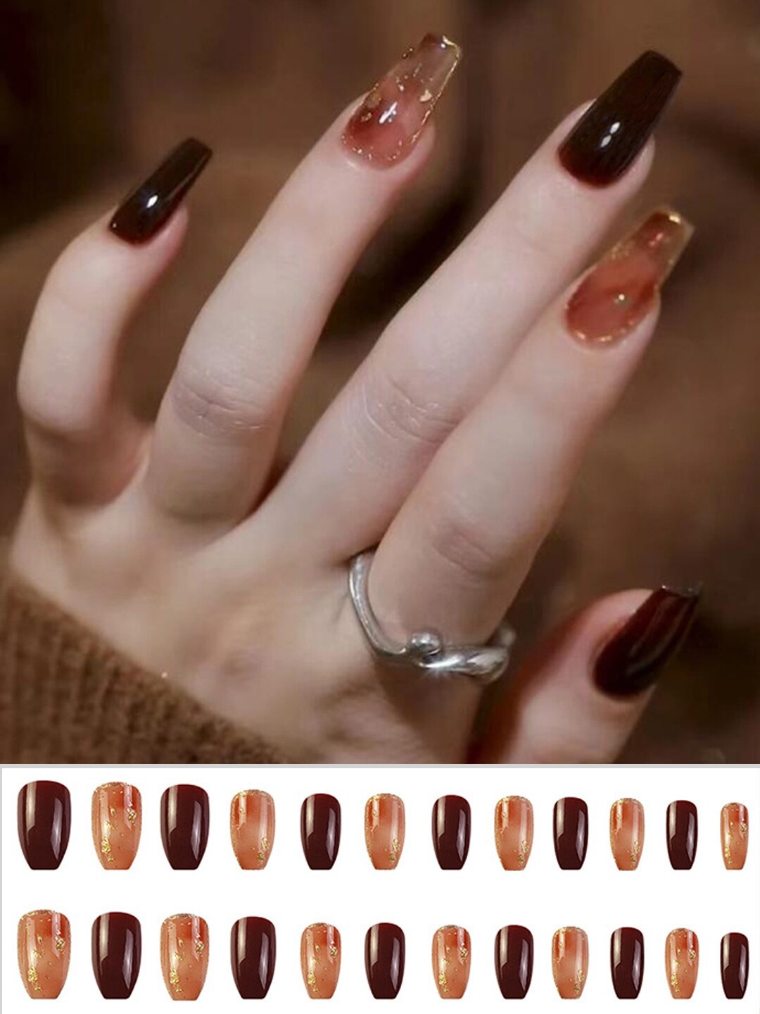 

Secret Lives 24 Pieces Translucent & Patches Design Nail Extensions, Brown