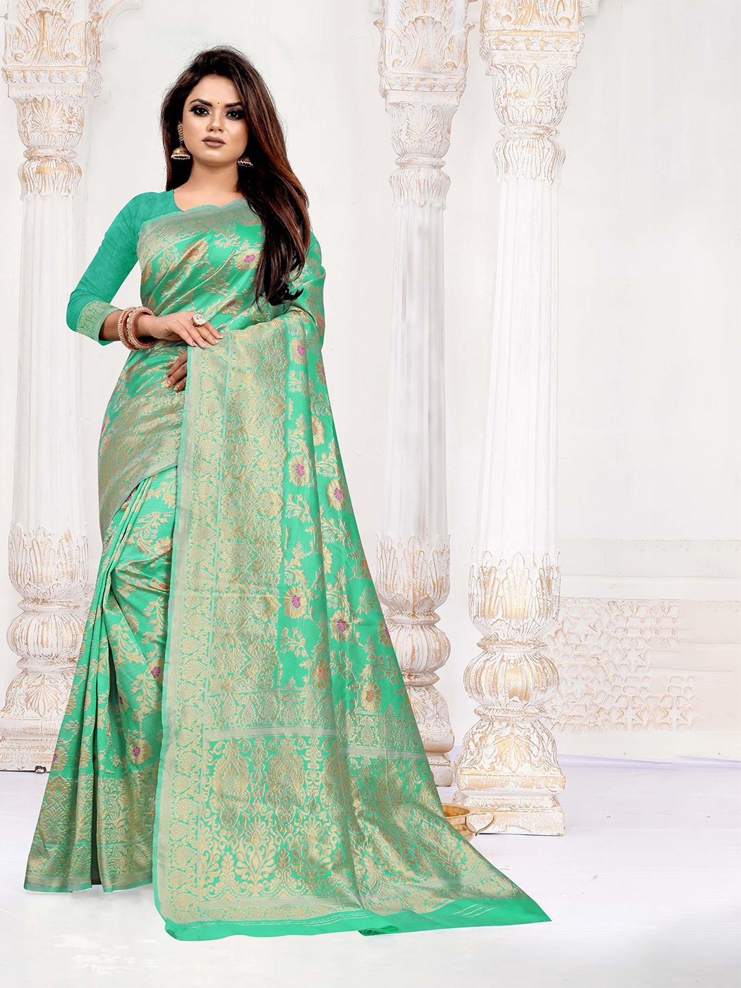 

KALINI Woven Design Zari Pure Silk Banarasi Saree, Sea green