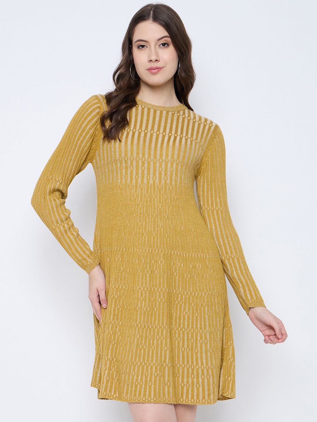 

Knitstudio Women Self Design Round Neck A-Line Dress, Mustard