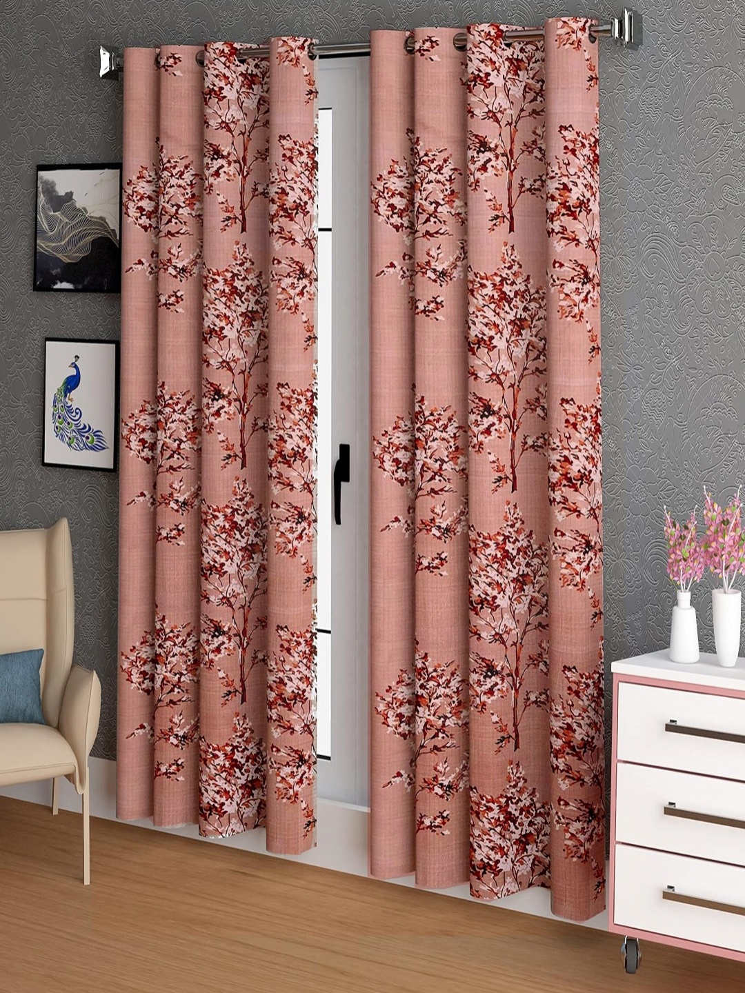 

Lunar Days Brown & White 2 Pieces Floral Room Darkening Long Door Curtains