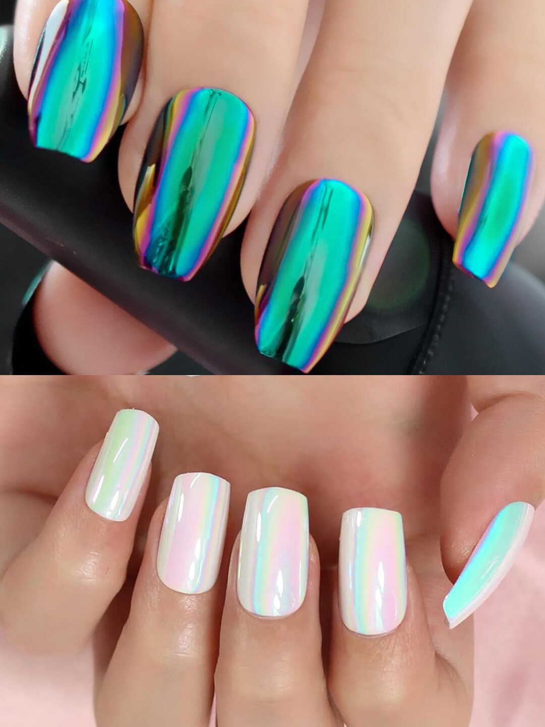 

PRIVIU Set Of 24 Stick On Nails - Duochrome Peacock & White, Metallic