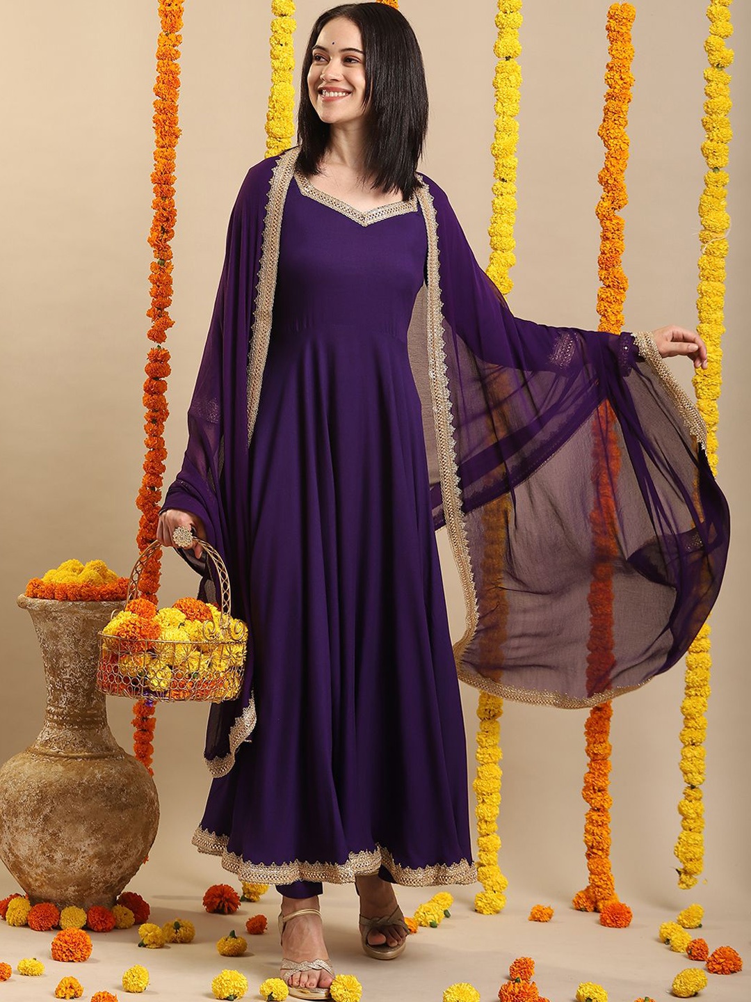 

GoSriKi Anarkali Kurta with Trousers & Dupatta, Purple