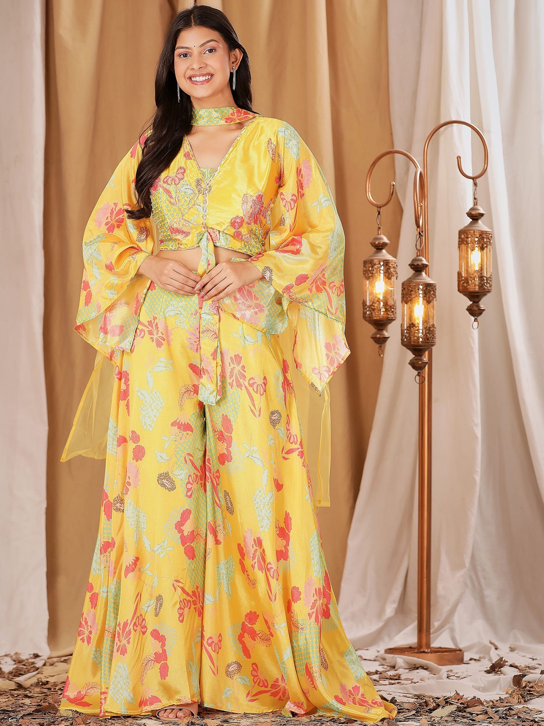 

AMOHA TRENDZ Embroidered Pure silk Crop Top with Palazzo & Dupatta, Yellow
